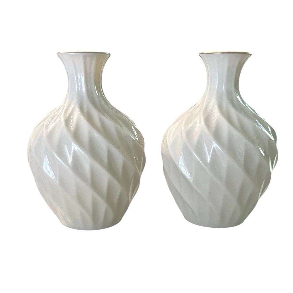 Vintage Lenox Richmond 2 Swirl Bud Vases Ivory Bone China With 24k Gold Trim USA